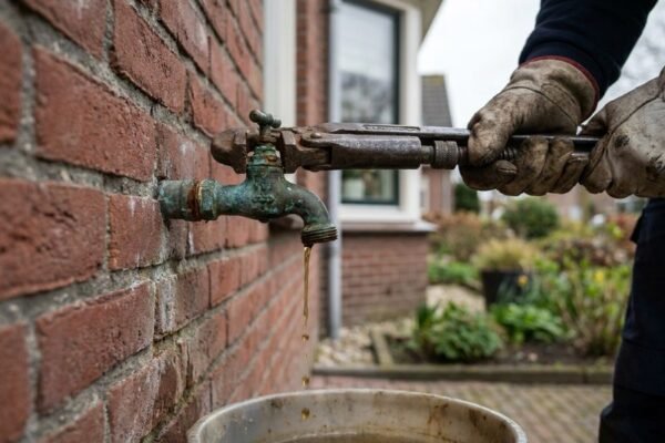 De oude, gecorrodeerde buitenkraan wordt van de gevel losgedraaid