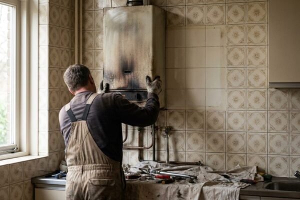 De oude gasgeiser wordt van de keukenwand gedemonteerd
