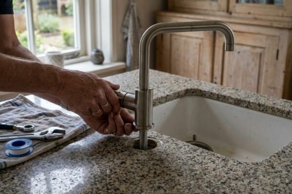 Close-up van het monteren van een kokendwaterkraan bij de spoelbak