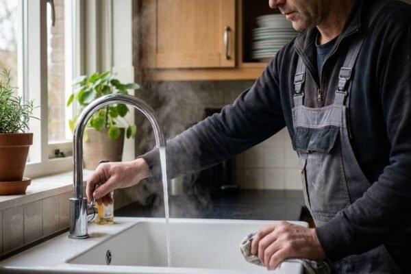 De loodgieter test de kokendwaterkraan na installatie