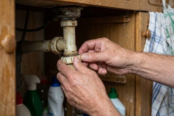De oude sifon onder de wastafel wordt losgedraaid