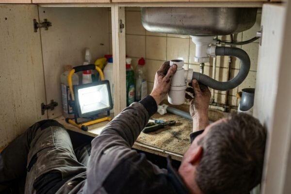 De afvoer wordt onder de gootsteen aangesloten op de nieuwe sifon