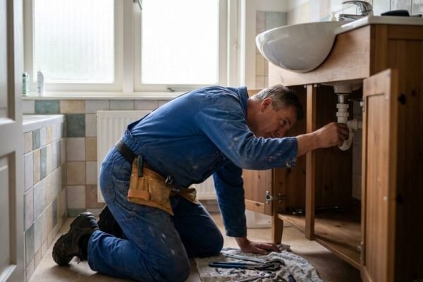 Onze loodgieter vervangt een sifon onder de wastafel