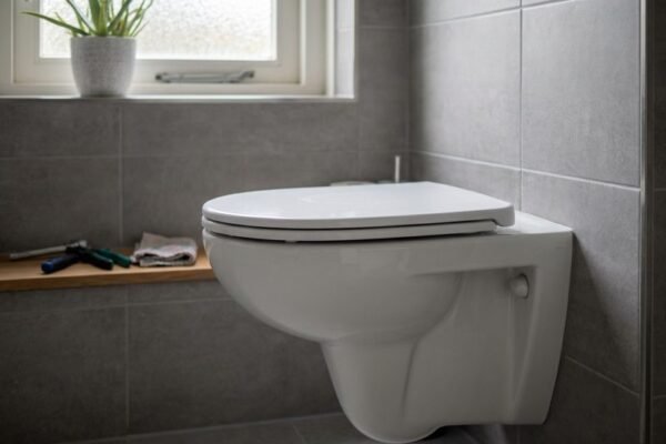 Een gerepareerd hangtoilet in een nette badkamer