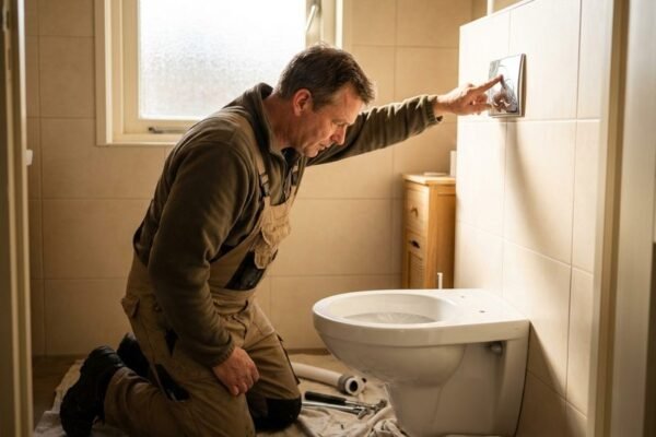 De loodgieter test de spoeling na de wc reparatie